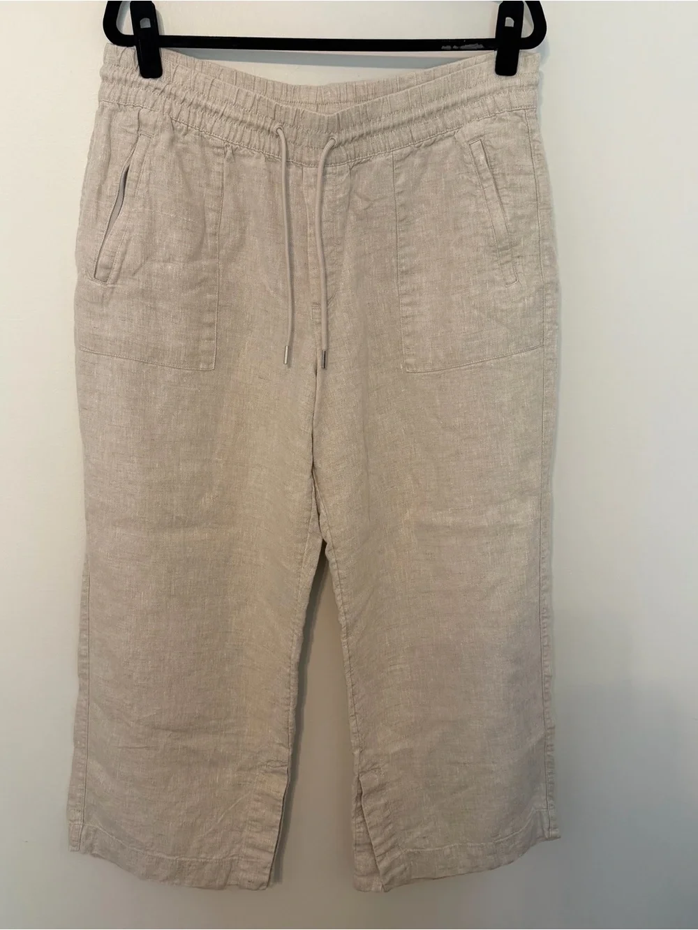 Athleta 100% Linen Wide Leg Crop Pants Oatmeal Beige Drawstring Large Petite